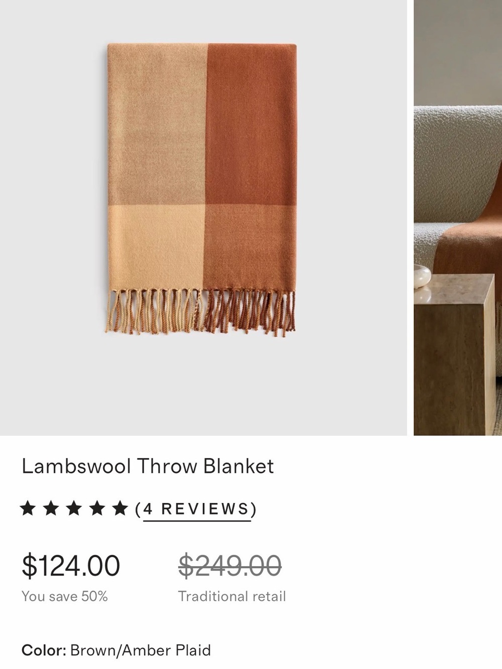 Lambswool Throw Blanket in Brown/Amber Plaid